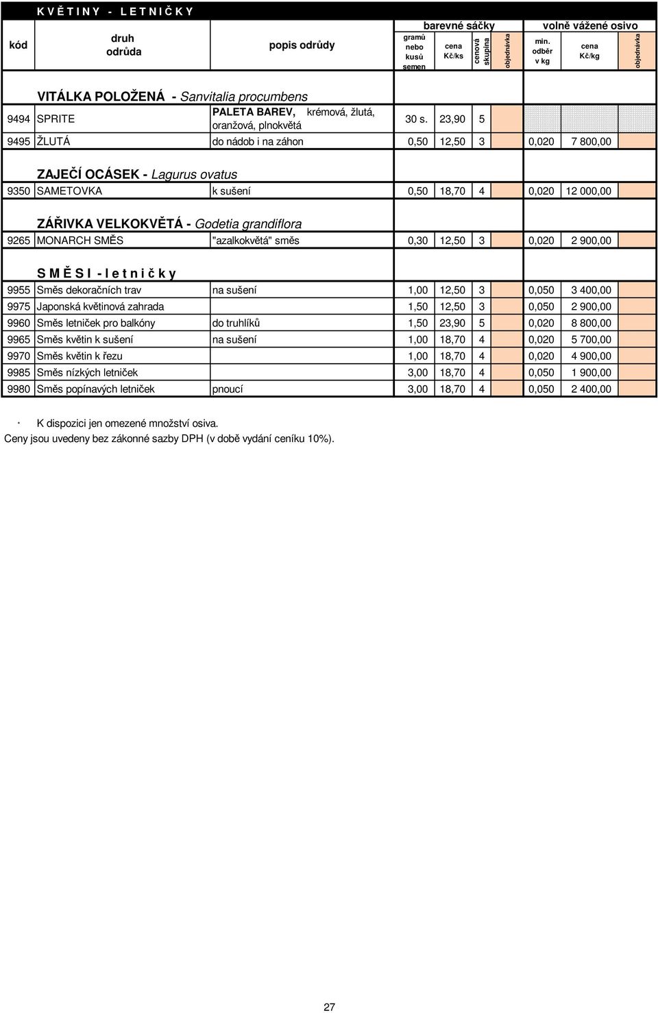 MONARCH SMĚS "azalkokvětá" směs 0,30 12,50 3 0,020 2 900,00 S M Ě S I - l e t n i č k y 9955 Směs dekoračních trav na sušení 1,00 12,50 3 0,050 3 400,00 9975 Japonská květinová zahrada 1,50 12,50 3