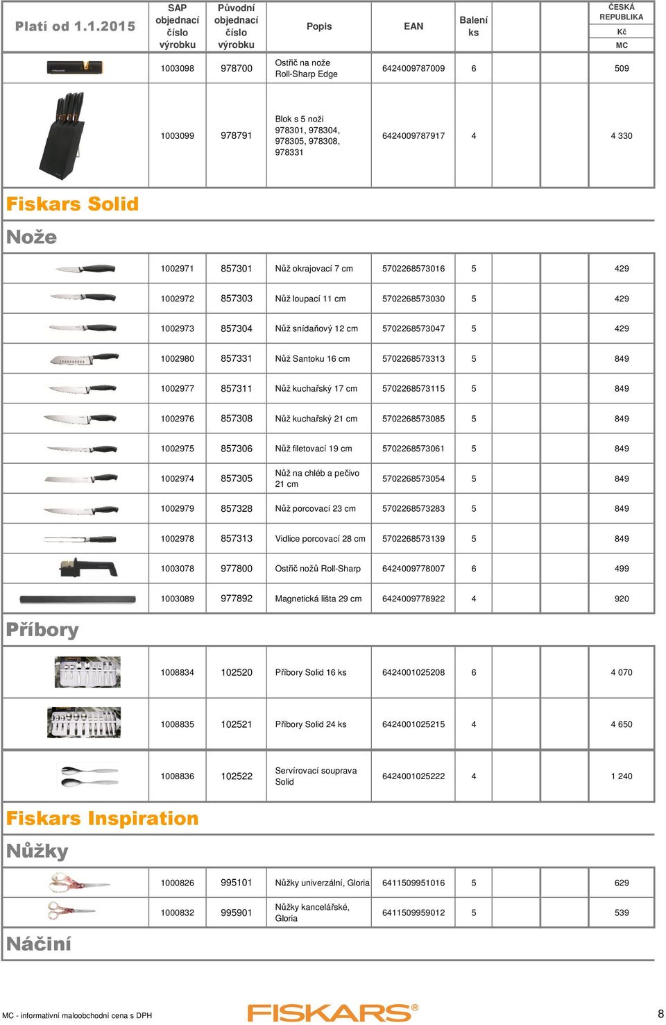 1002977 857311 Nůž kuchařský 17 cm 5702268573115 5 849 1002976 857308 Nůž kuchařský 21 cm 5702268573085 5 849 1002975 857306 Nůž filetovací 19 cm 5702268573061 5 849 1002974 857305 Nůž na chléb a