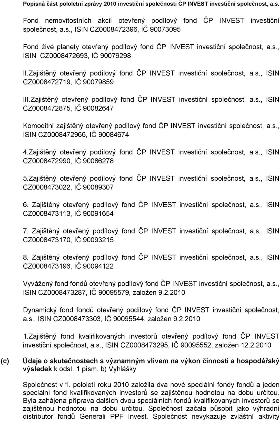 Zajištěný otevřený podílový fond ČP INVEST investiční společnost, a.s., ISIN CZ0008472875, IČ 90082647 Komoditní zajištěný otevřený podílový fond ČP INVEST investiční společnost, a.s., ISIN CZ0008472966, IČ 90084674 4.