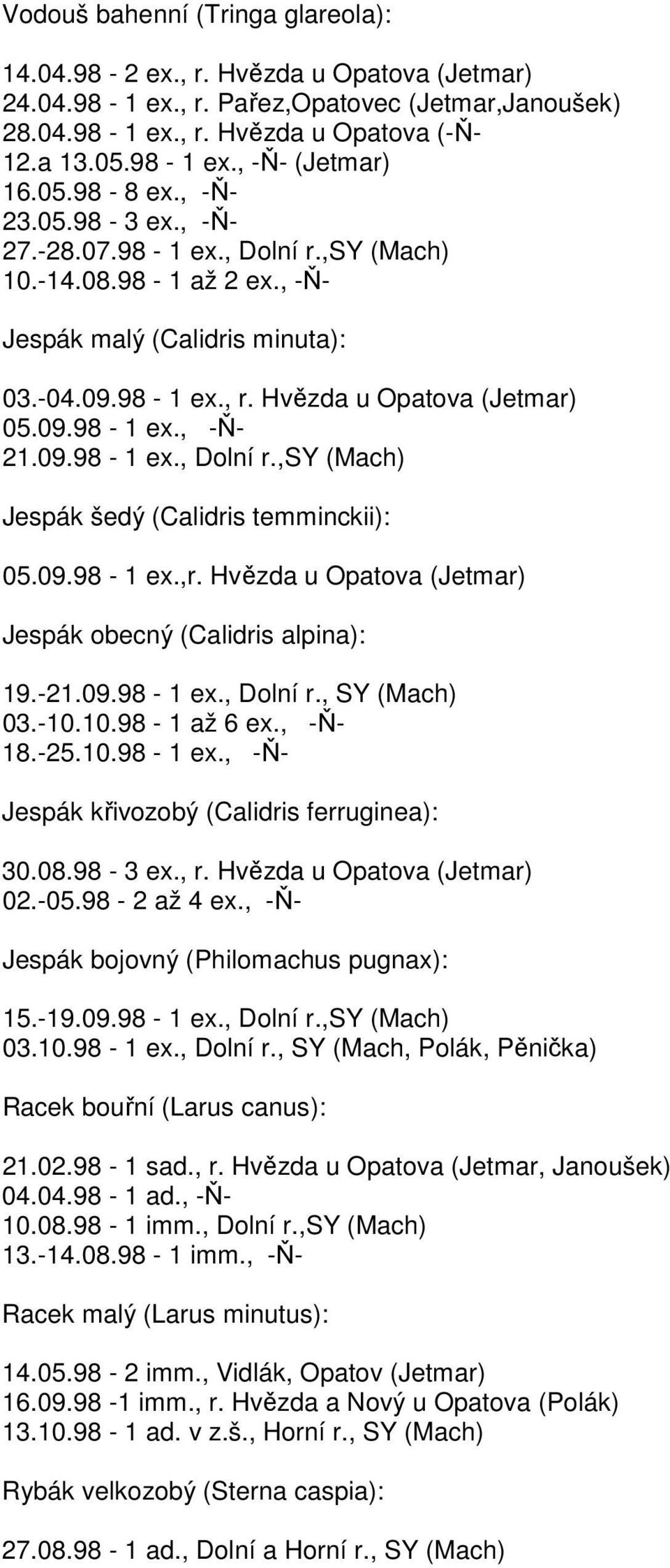 09.98-1 ex., Dolní r.,sy (Mach) Jespák šedý (Calidris temminckii): 05.09.98-1 ex.,r. Hvězda u Opatova (Jetmar) Jespák obecný (Calidris alpina): 19.-21.09.98-1 ex., Dolní r., SY (Mach) 03.-10.