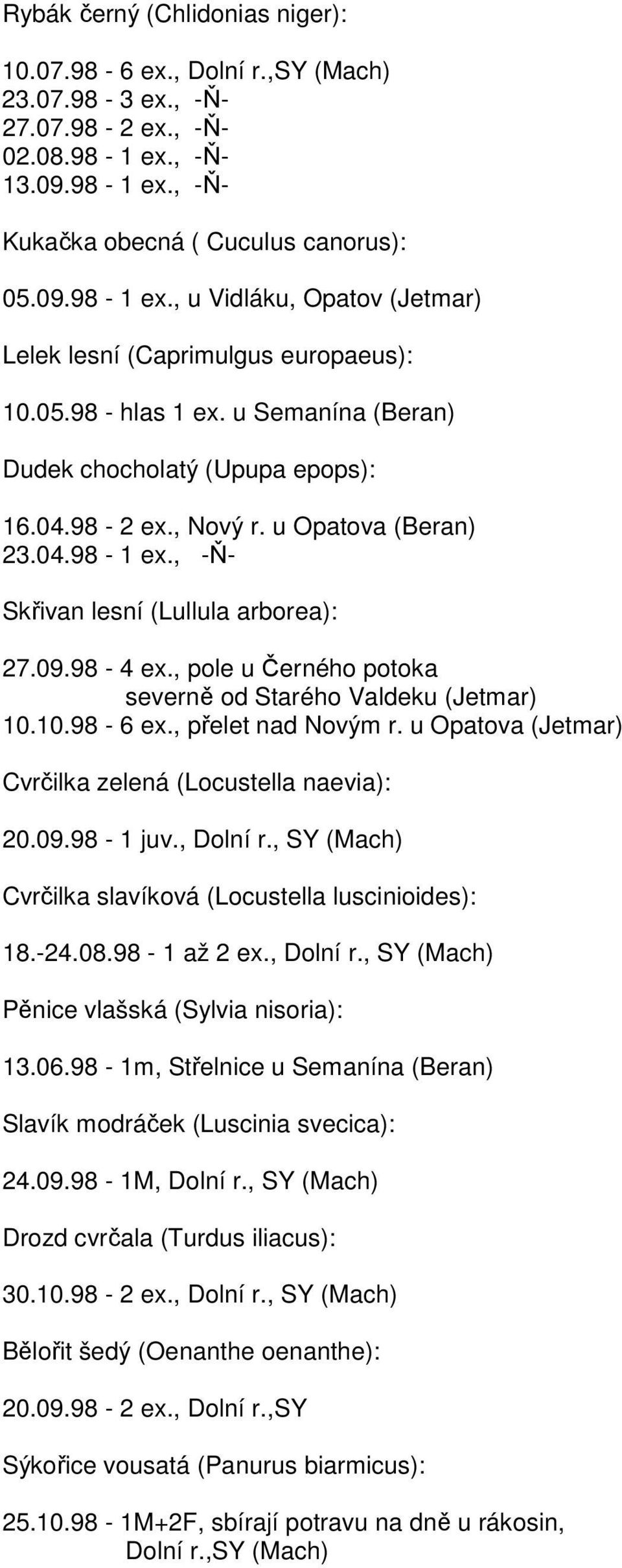 , pole u Černého potoka severně od Starého Valdeku (Jetmar) 10.10.98-6 ex., přelet nad Novým r. u Opatova (Jetmar) Cvrčilka zelená (Locustella naevia): 20.09.98-1 juv., Dolní r.