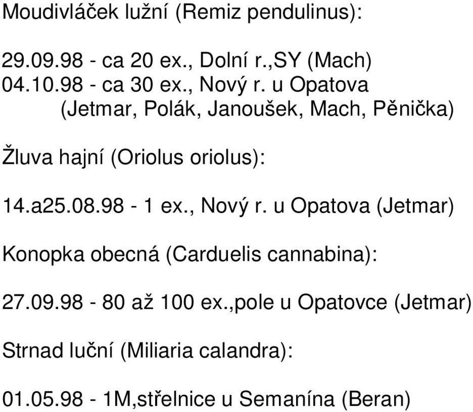 08.98-1 ex., Nový r. u Opatova (Jetmar) Konopka obecná (Carduelis cannabina): 27.09.98-80 až 100 ex.