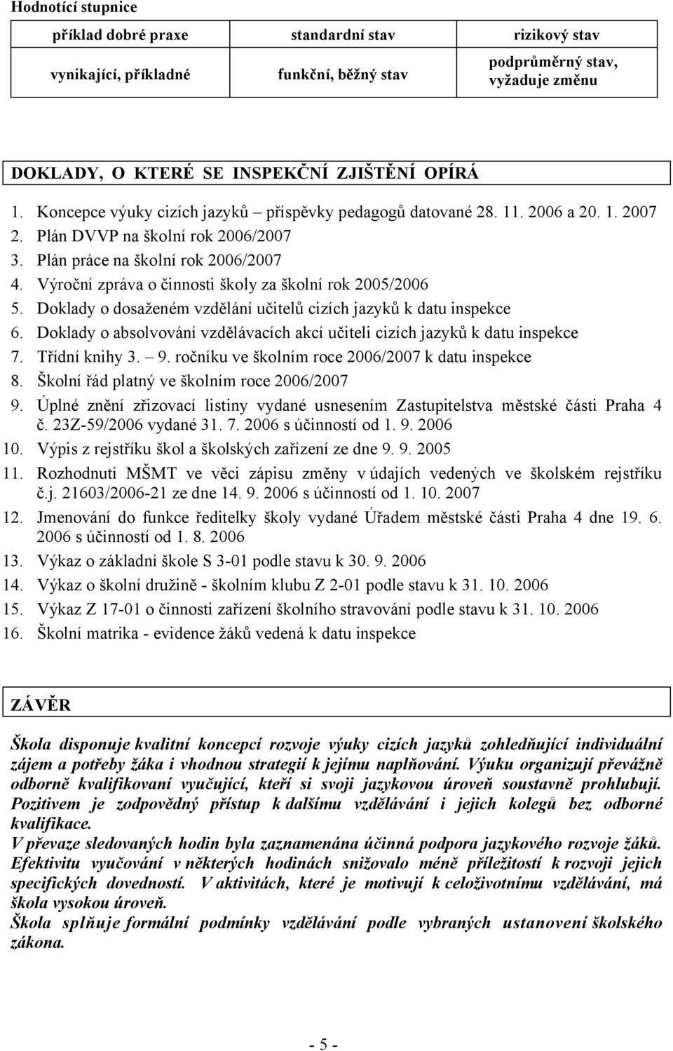 Výroční zpráva o činnosti školy za školní rok 2005/2006 5. Doklady o dosaženém vzdělání učitelů cizích jazyků k datu inspekce 6.