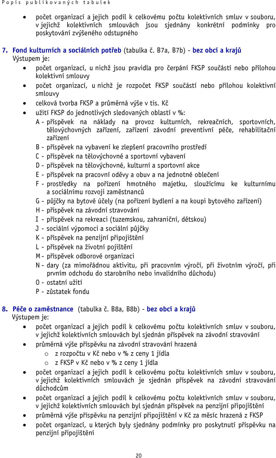 B7a, B7b) - bez obcí a krajů Výstupem je: počet organizací, u nichž jsou pravidla pro čerpání FKSP součástí nebo přílohou kolektivní smlouvy počet organizací, u nichž je rozpočet FKSP součástí nebo