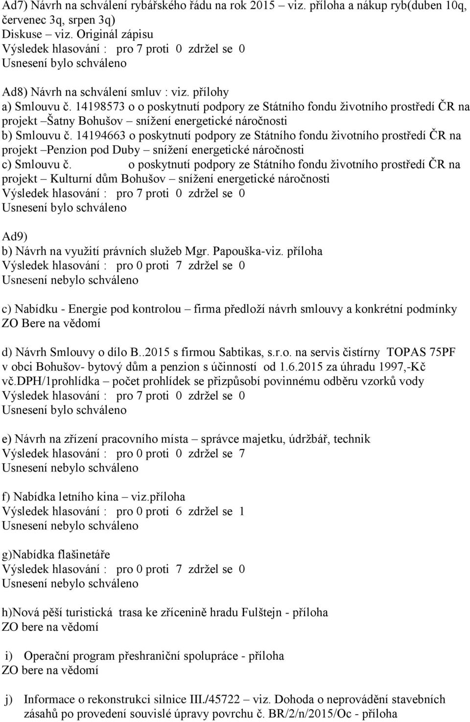 14194663 o poskytnutí podpory ze Státního fondu životního prostředí ČR na projekt Penzion pod Duby snížení energetické náročnosti c) Smlouvu č.