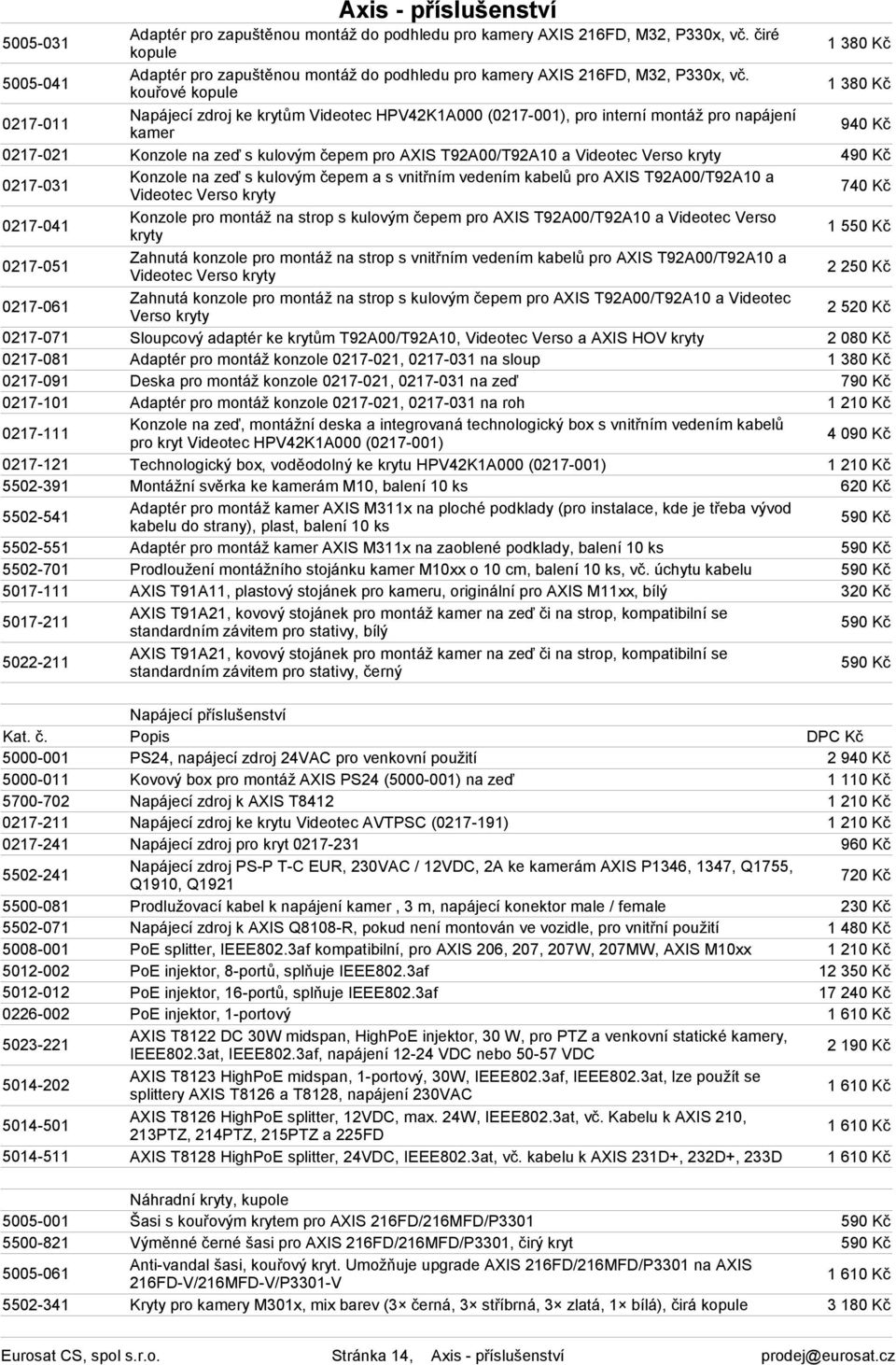 kouřové kopule Napájecí zdroj ke krytům Videotec HPV42K1A000 (0217-001), pro interní montáž pro napájení kamer 1 380 Kč 1 380 Kč 940 Kč 0217-021 Konzole na zeď s kulovým čepem pro AXIS T92A00/T92A10