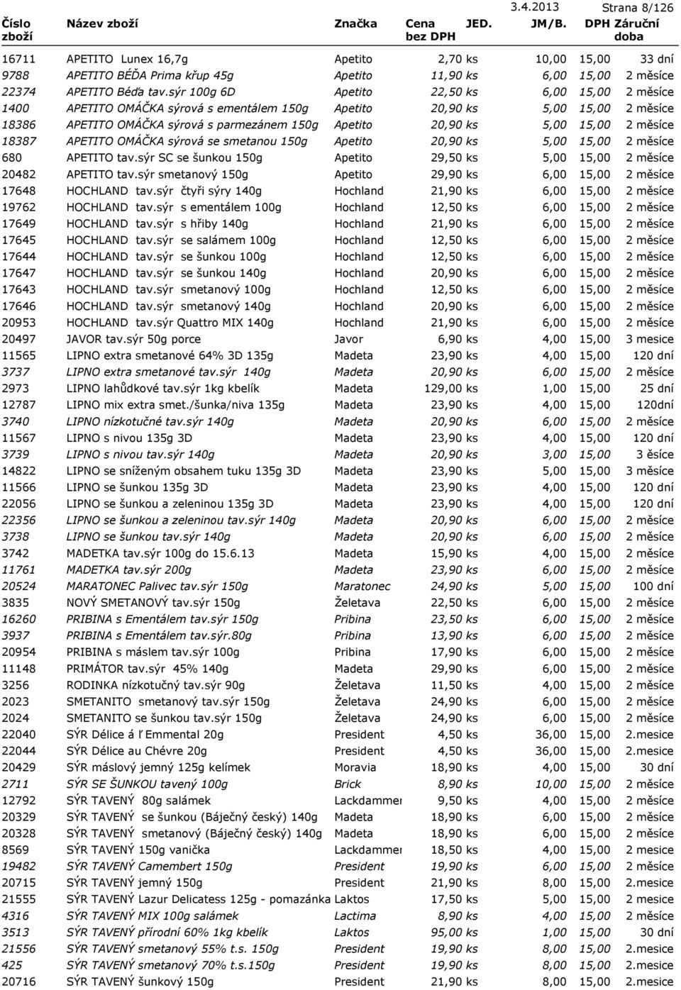 smetanou 150g Apetito 20,90 ks 5,00 680 APETITO tav.sýr SC se šunkou 150g Apetito 29,50 ks 5,00 20482 APETITO tav.sýr smetanový 150g Apetito 29,90 ks 6,00 17648 HOCHLAND tav.