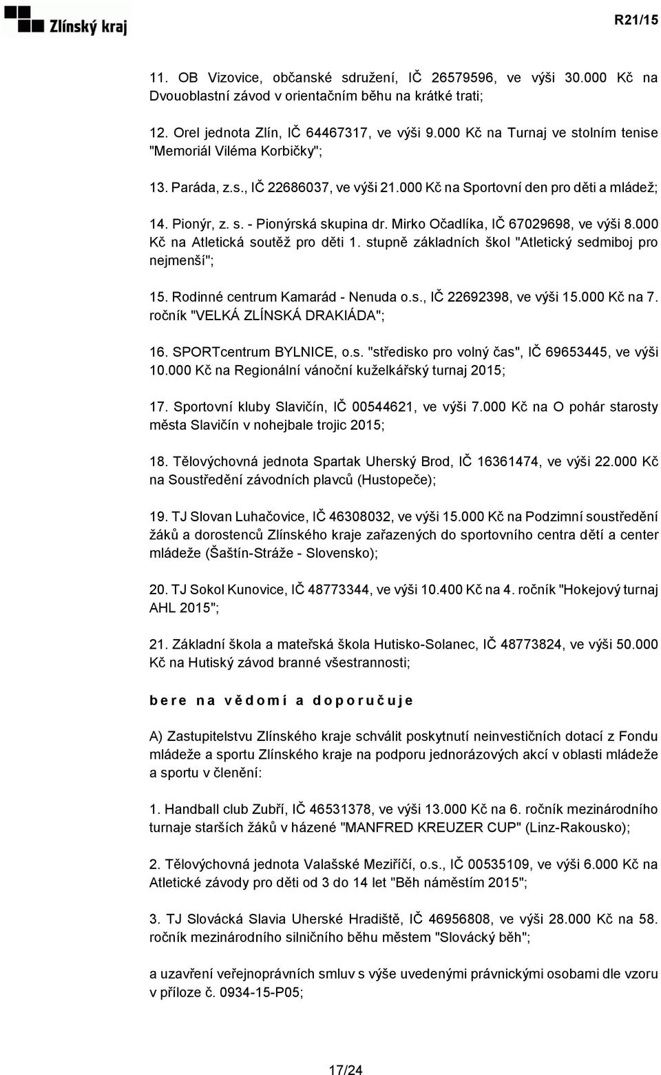 Mirko Očadlíka, IČ 67029698, ve výši 8.000 Kč na Atletická soutěž pro děti 1. stupně základních škol "Atletický sedmiboj pro nejmenší"; 15. Rodinné centrum Kamarád - Nenuda o.s., IČ 22692398, ve výši 15.