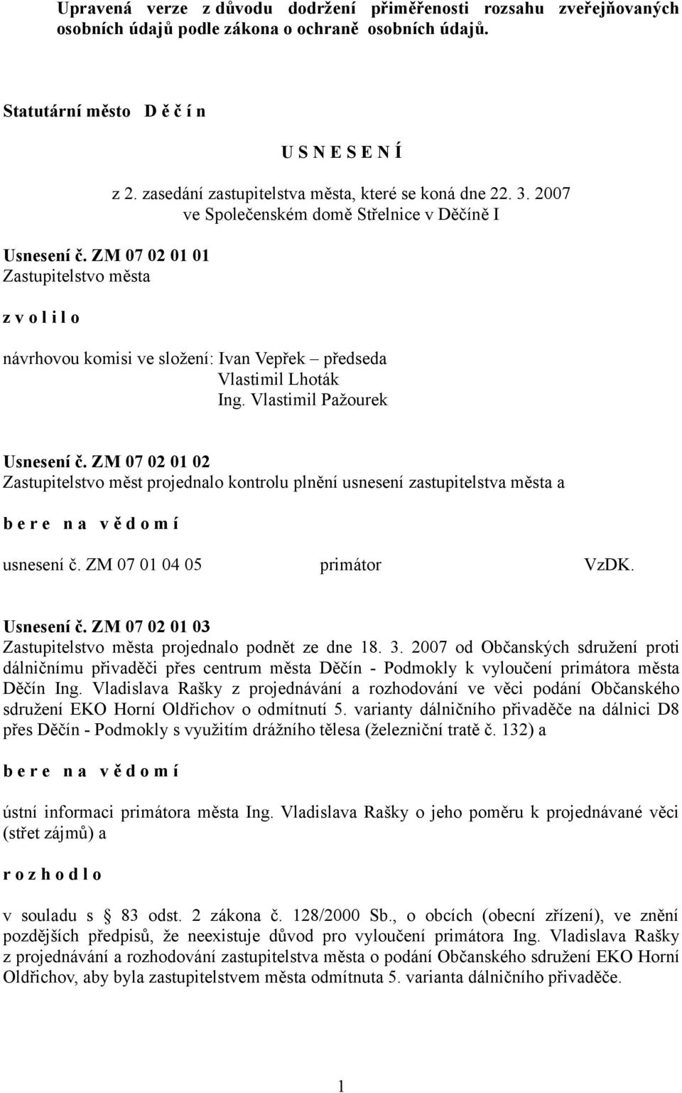 2007 ve Společenském domě Střelnice v Děčíně I návrhovou komisi ve složení: Ivan Vepřek předseda Vlastimil Lhoták Ing. Vlastimil Pažourek Usnesení č.