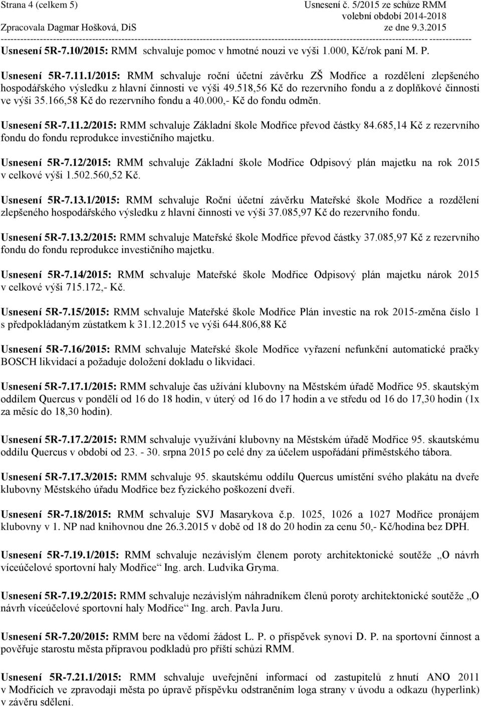 166,58 Kč do rezervního fondu a 40.000,- Kč do fondu odměn. Usnesení 5R-7.11.2/2015: RMM schvaluje Základní škole Modřice převod částky 84.