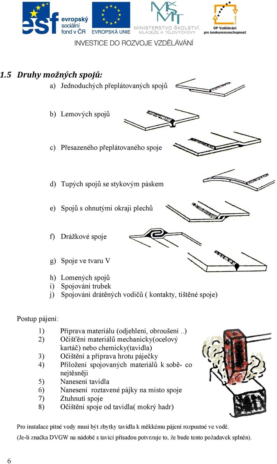 .) 2) Očišťění materiálů mechanicky(ocelový kartáč) nebo chemicky(tavidla) 3) Očištění a příprava hrotu páječky 4) Přiložení spojovaných materiálů k sobě- co nejtěsněji 5) Nanesení tavidla 6)