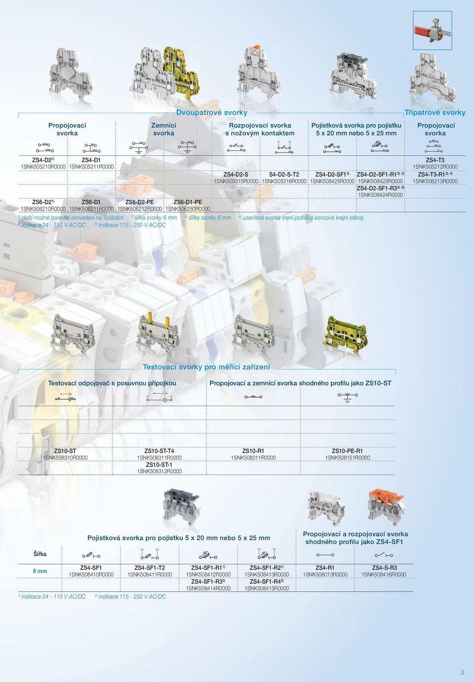 3) 1SNK508425R0000 šířka svorky 6 mm 3) šířka svorky 8 mm 4) uzavřená svorka (není potřeba koncová krajní stěna) 5) indikace 24-110 V AC/DC 6) indikace 115-250 V AC/DC 3), 5) ZS4-D2-SF1-R1