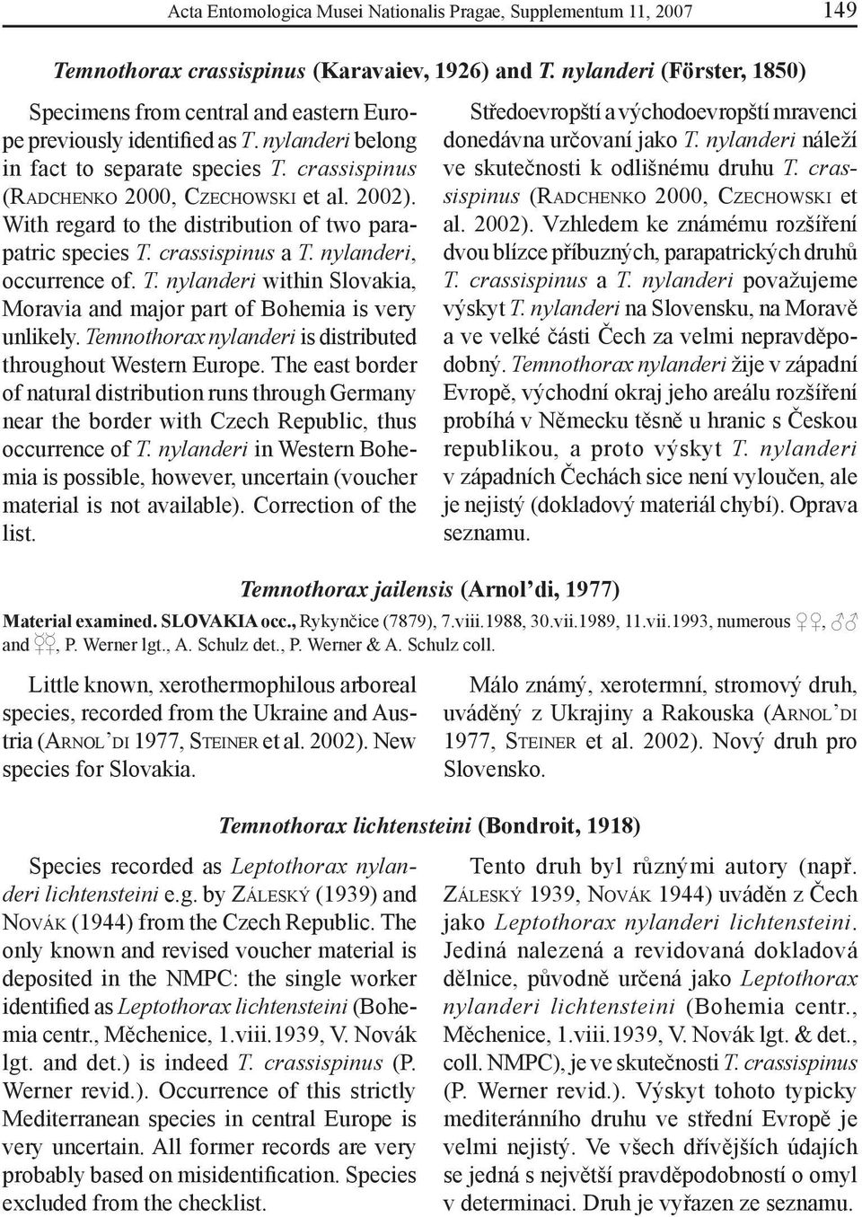 With regard to the distribution of two parapatric species T. crassispinus a T. nylanderi, occurrence of. T. nylanderi within Slovakia, Moravia and major part of Bohemia is very unlikely.