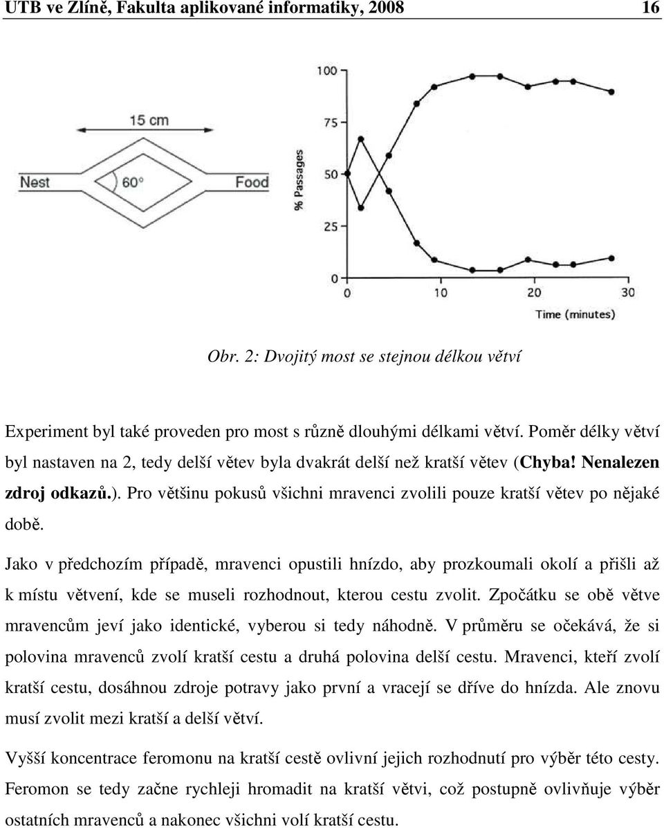 Pro většinu pokusů všichni mravenci zvolili pouze kratší větev po nějaké době.