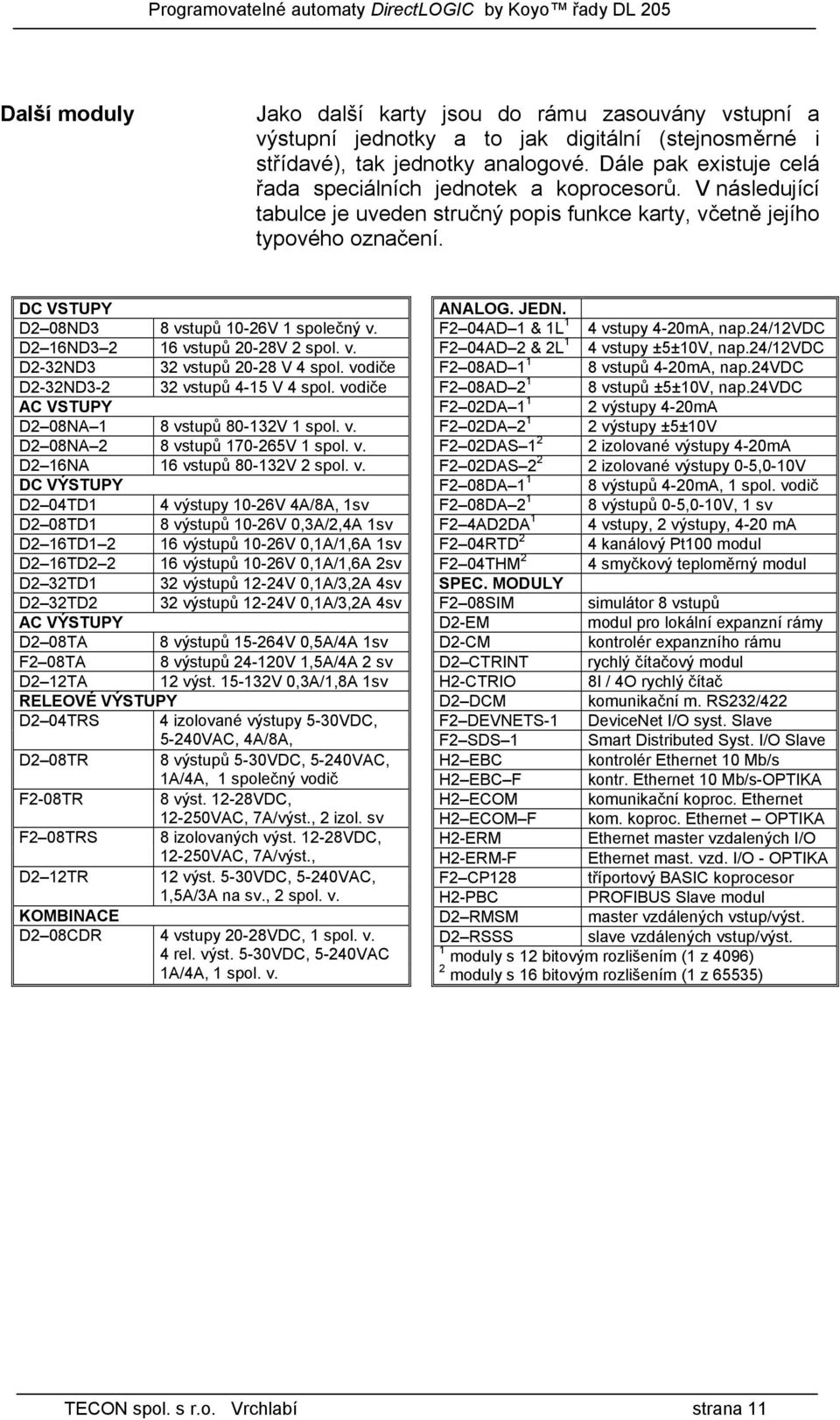 DC VSTUPY D2 08ND3 8 vstupů 10-26V 1 společný v. D2 16ND3 2 16 vstupů 20-28V 2 spol. v. D2-32ND3 32 vstupů 20-28 V 4 spol. vodiče D2-32ND3-2 32 vstupů 4-15 V 4 spol.