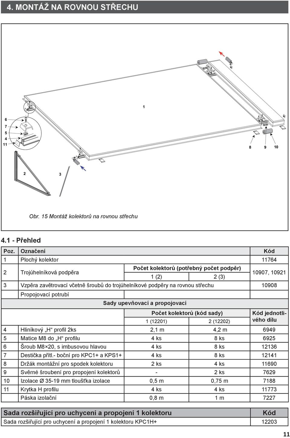 střechu 10908 Propojovací potrubí Sady upevňovací a propojovací Počet kolektorů (kód sady) Kód jednotlivého 1 (12201) 2 (12202) dílu 4 Hliníkový H profi l 2ks 2,1 m 4,2 m 6949 5 Matice M8 do H profi
