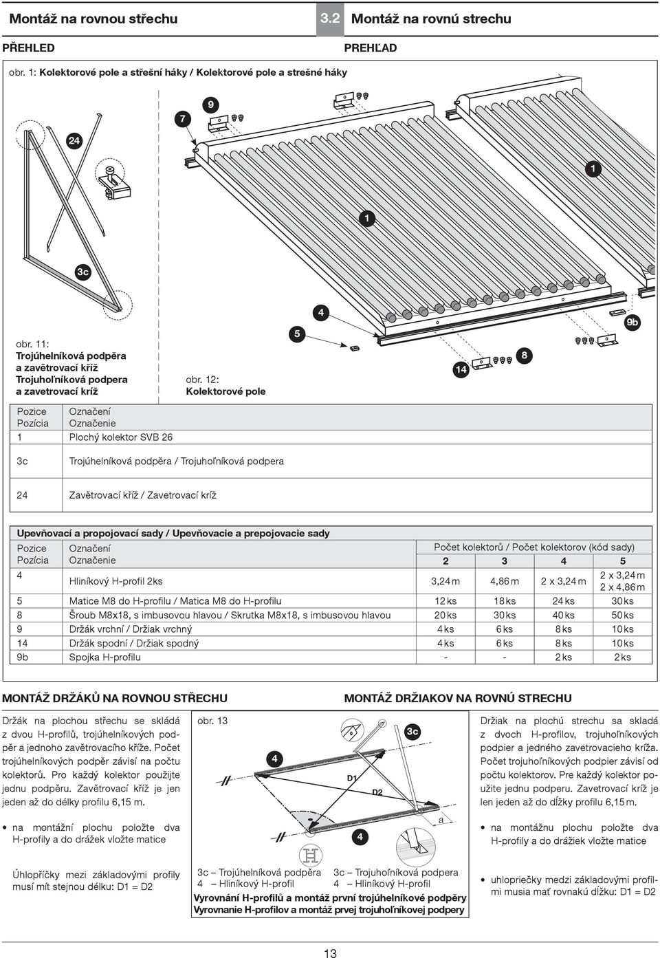 12: Kolektorové pole 5 4 14 8 9b Pozice Pozícia Označení Označenie 1 Plochý kolektor SVB 26 3c Trojúhelníková podpěra / Trojuhoľníková podpera 24 Zavětrovací kříž / Zavetrovací kríž Upevňovací a
