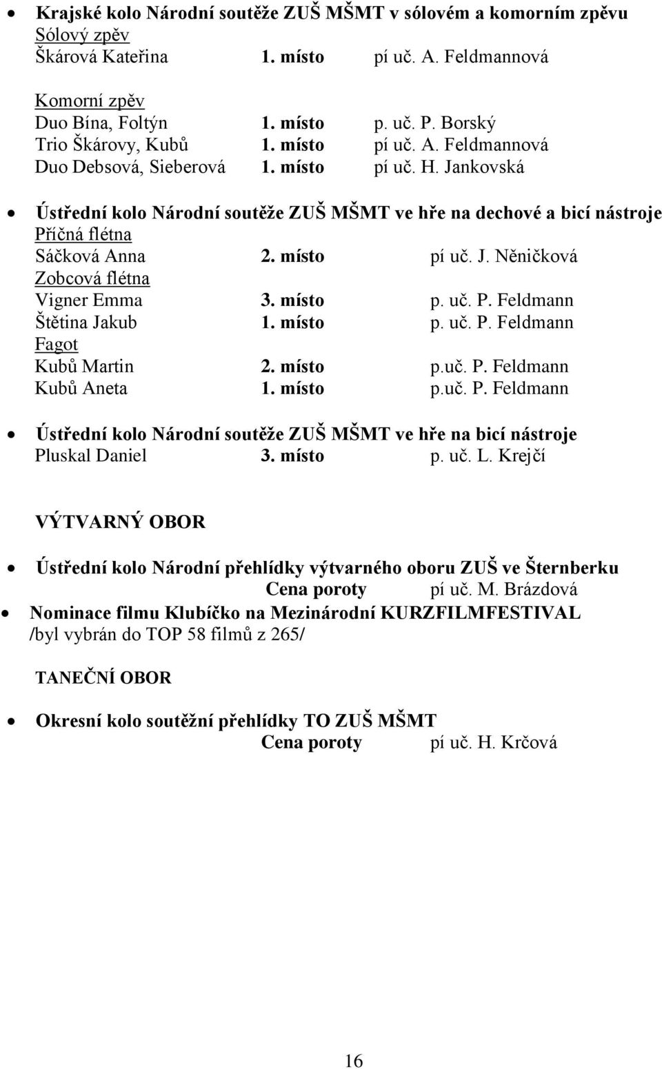 Jankovská Ústřední kolo Národní soutěže ZUŠ MŠMT ve hře na dechové a bicí nástroje Příčná flétna Sáčková Anna 2. místo pí uč. J. Něničková Zobcová flétna Vigner Emma 3. místo p. uč. P. Feldmann Štětina Jakub 1.