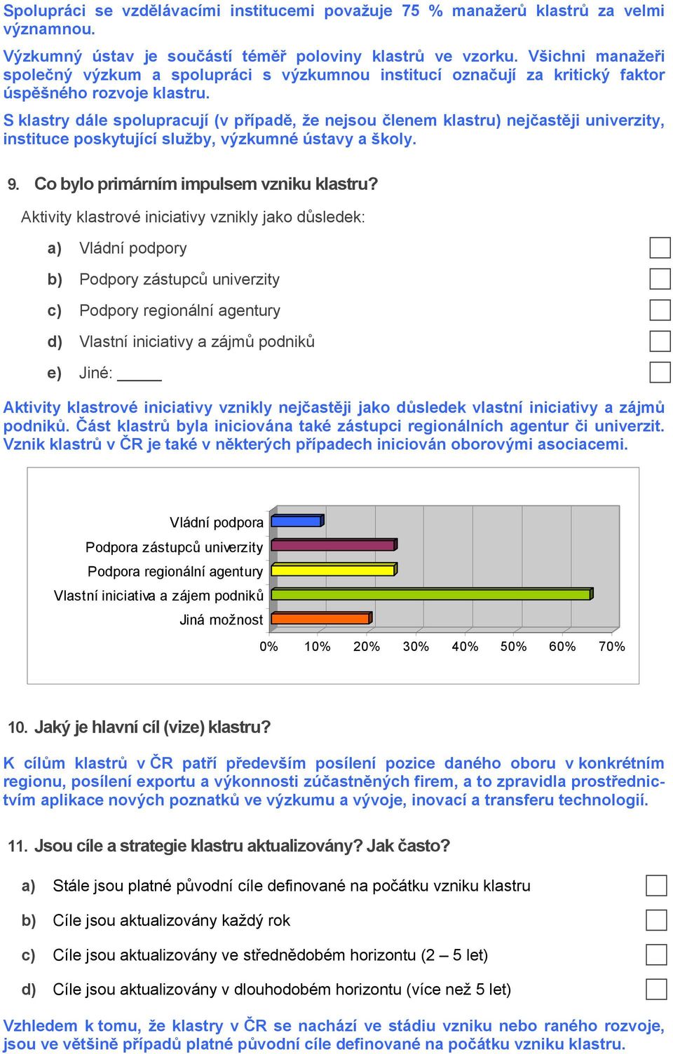 S klastry dále spolupracují (v případě, že nejsou členem klastru) nejčastěji univerzity, instituce poskytující služby, výzkumné ústavy a školy. 9. Co bylo primárním impulsem vzniku klastru?