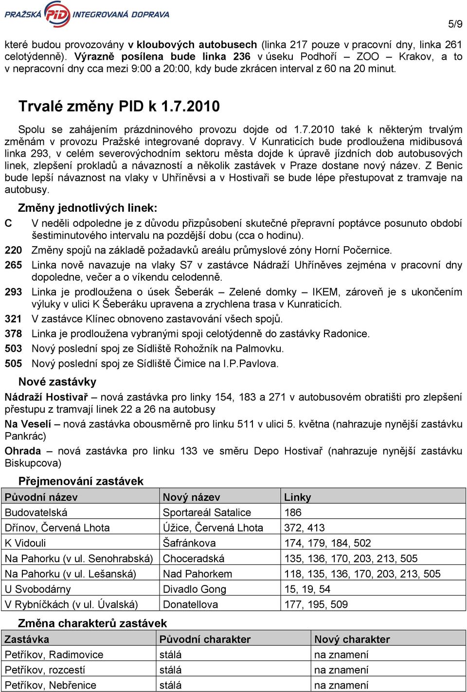 Spolu se zahájením prázdninového provozu dojde od 1.7. také k některým trvalým změnám v provozu Pražské integrované dopravy.