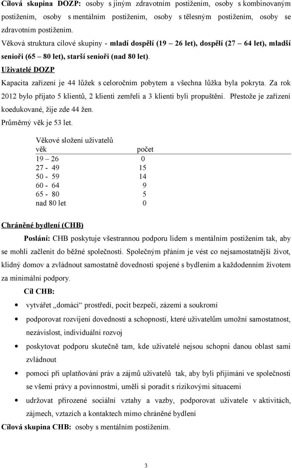 Uživatelé DOZP Kapacita zařízení je 44 lůžek s celoročním pobytem a všechna lůžka byla pokryta. Za rok 2012 bylo přijato 5 klientů, 2 klienti zemřeli a 3 klienti byli propuštěni.