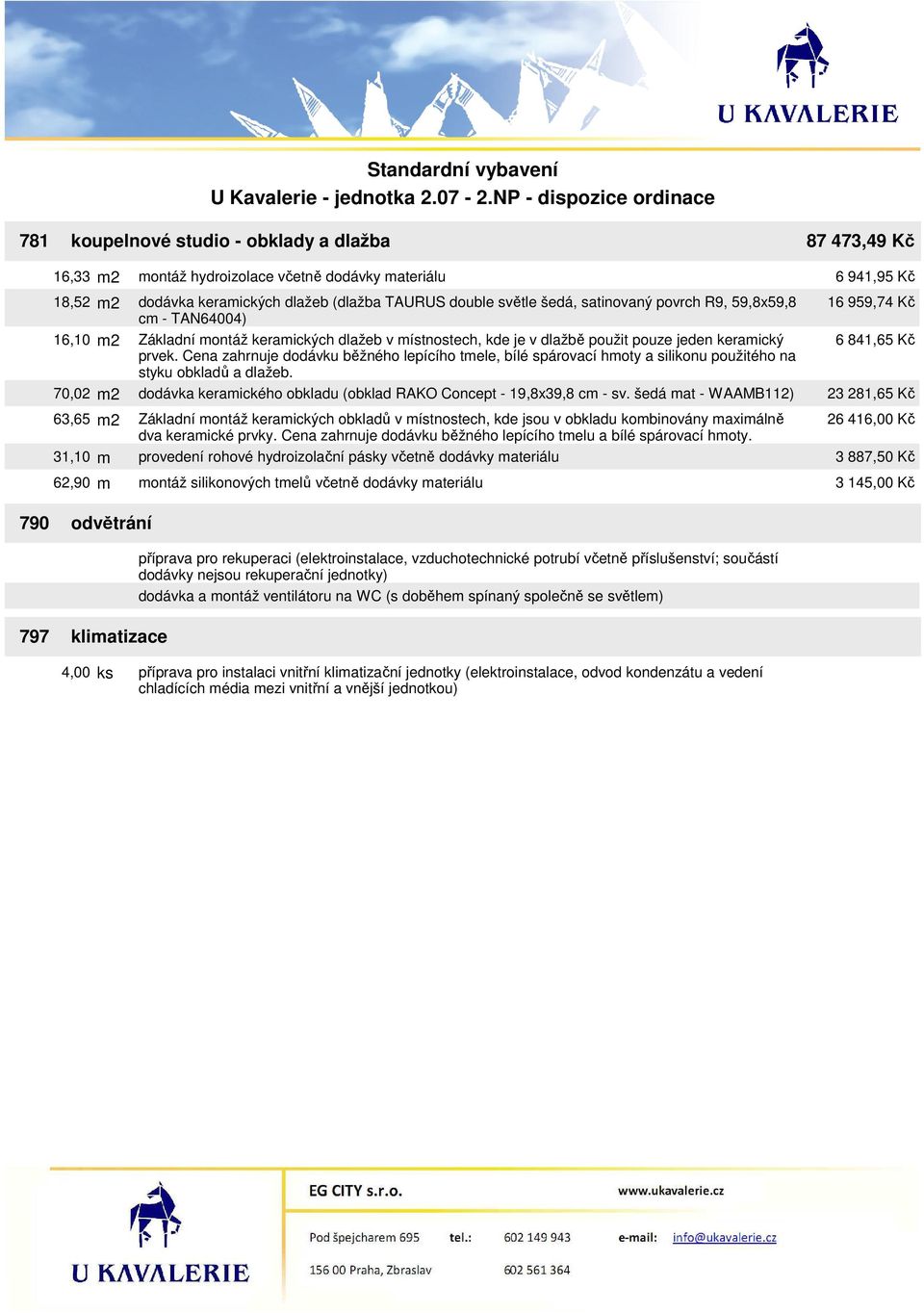 Cena zahrnuje dodávku běžného lepícího tmele, bílé spárovací hmoty a silikonu použitého na styku obkladů a dlažeb. 70,02 m2 dodávka keramického obkladu (obklad RAKO Concept - 19,8x39,8 cm - sv.