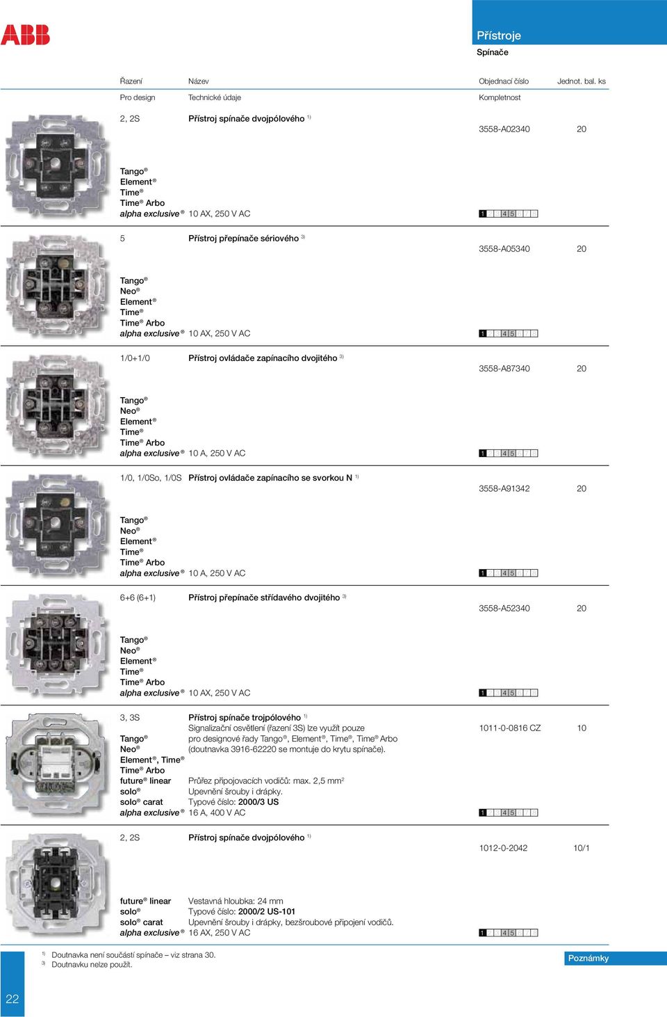 ovládače zapínacího dvojitého 3) 3558-A87340 20 Arbo alpha exclusive 10 A, 250 V AC 1/0, 1/0So, 1/0S Přístroj ovládače zapínacího se svorkou N 1) 3558-A91342 20 Arbo alpha exclusive 10 A, 250 V AC