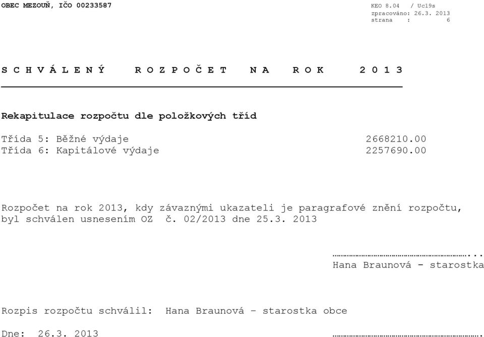 00 Rozpočet na rok 2013, kdy závaznými ukazateli je paragrafové znění rozpočtu, byl