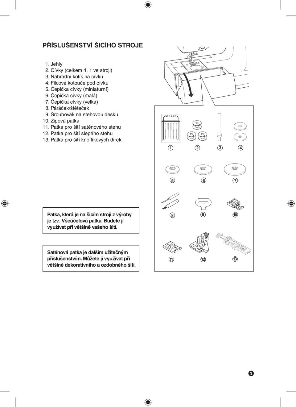 Patka pro šití saténového stehu 12. Patka pro šití slepého stehu 13. Patka pro šití knoflíkových dírek Patka, která je na šicím stroji z výroby je tzv.