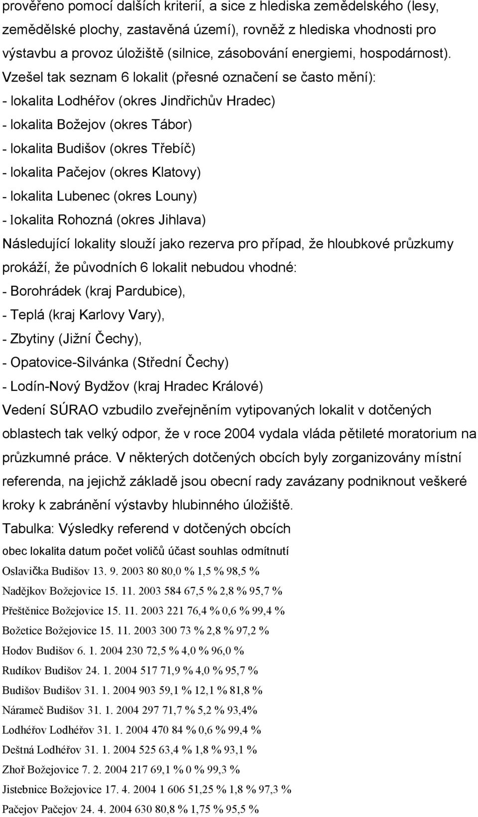 Vzešel tak seznam 6 lokalit (přesné označení se často mění): - lokalita Lodhéřov (okres Jindřichův Hradec) - lokalita Božejov (okres Tábor) - lokalita Budišov (okres Třebíč) - lokalita Pačejov (okres