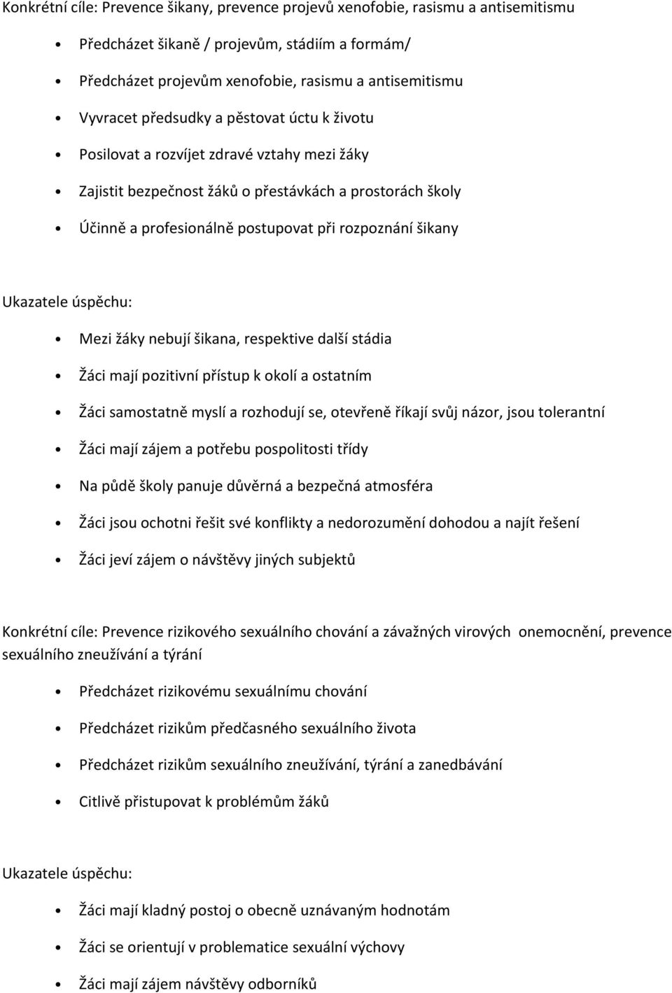 žáky nebují šikana, respektive další stádia Žáci mají pozitivní přístup k okolí a ostatním Žáci samostatně myslí a rozhodují se, otevřeně říkají svůj názor, jsou tolerantní Žáci mají zájem a potřebu