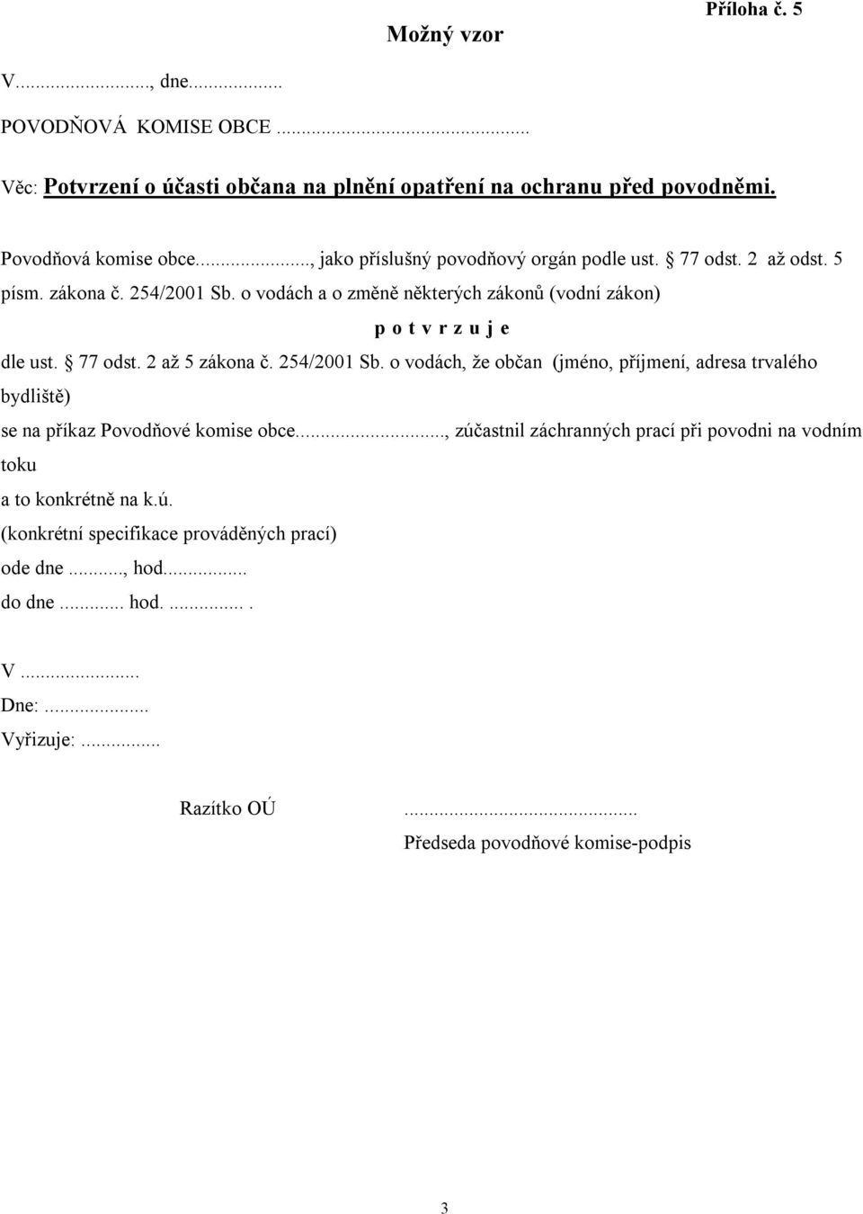 254/2001 Sb. o vodách, že občan (jméno, příjmení, adresa trvalého bydliště) se na příkaz Povodňové komise obce.