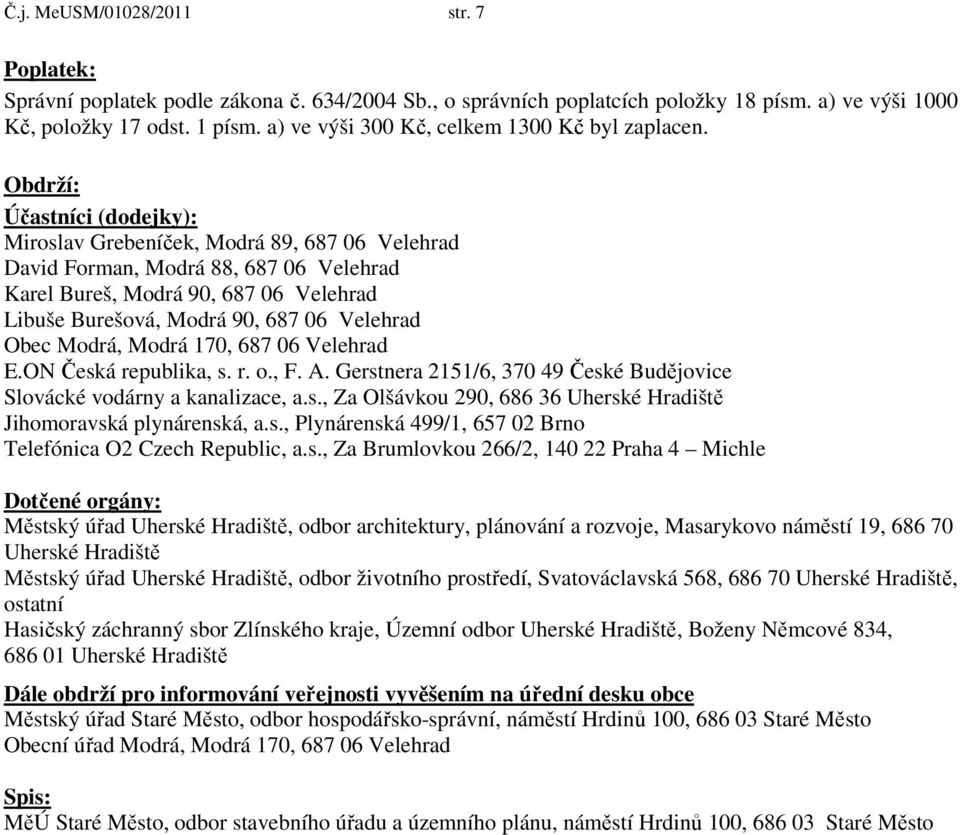 Obdrží: Účastníci (dodejky): Miroslav Grebeníček, Modrá 89, 687 06 Velehrad David Forman, Modrá 88, 687 06 Velehrad Karel Bureš, Modrá 90, 687 06 Velehrad Libuše Burešová, Modrá 90, 687 06 Velehrad