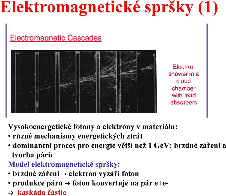 GeV: brzdné záření a tvorba párů Model elektromagnetické spršky: brzdné záření