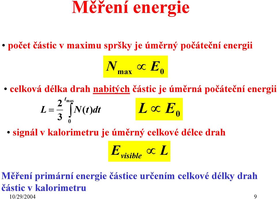 max N( t) dt 3 L E signál v kalorimetru je úměrný celkové délce drah E visible L