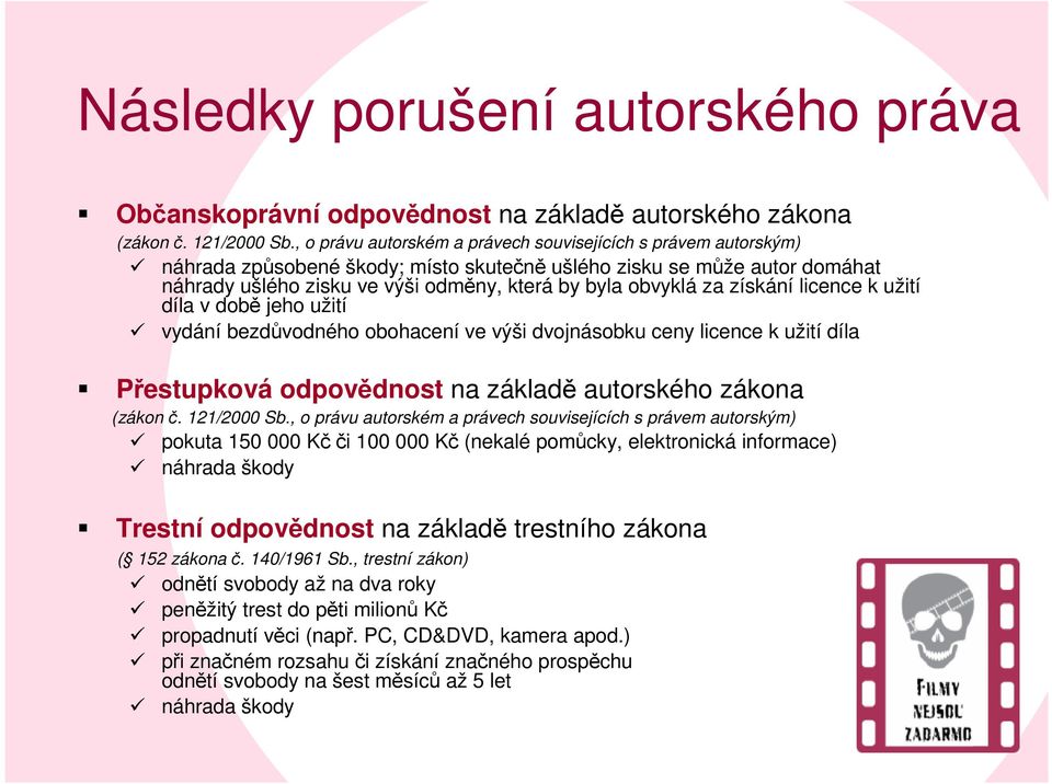 za získání licence k užití díla v době jeho užití vydání bezdůvodného obohacení ve výši dvojnásobku ceny licence k užití díla Přestupková odpovědnost na základě autorského zákona (zákon č.