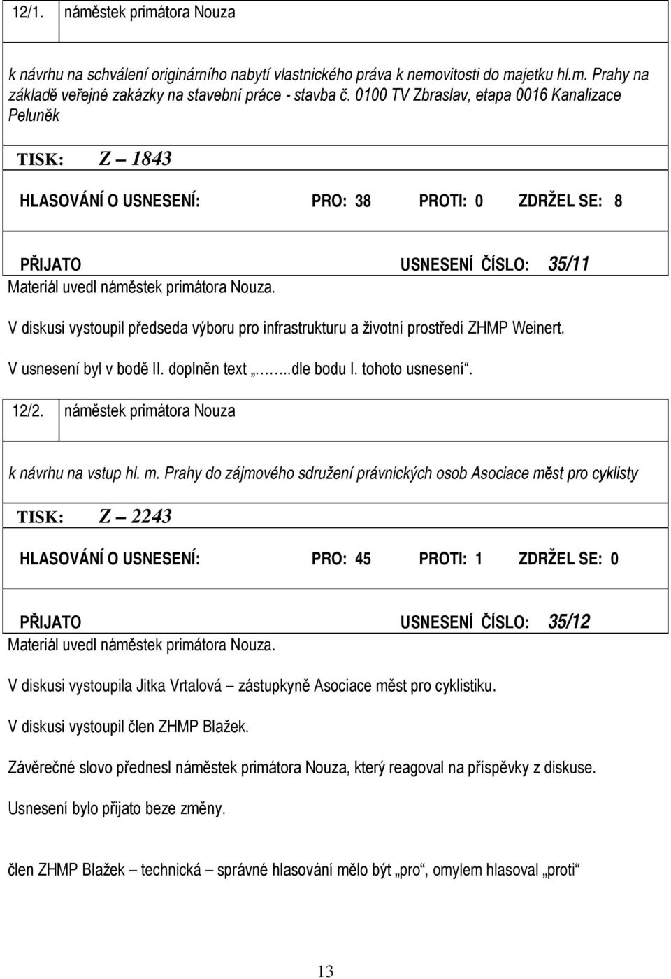 V diskusi vystoupil předseda výboru pro infrastrukturu a životní prostředí ZHMP Weinert. V usnesení byl v bodě II. doplněn text..dle bodu I. tohoto usnesení. 12/2.