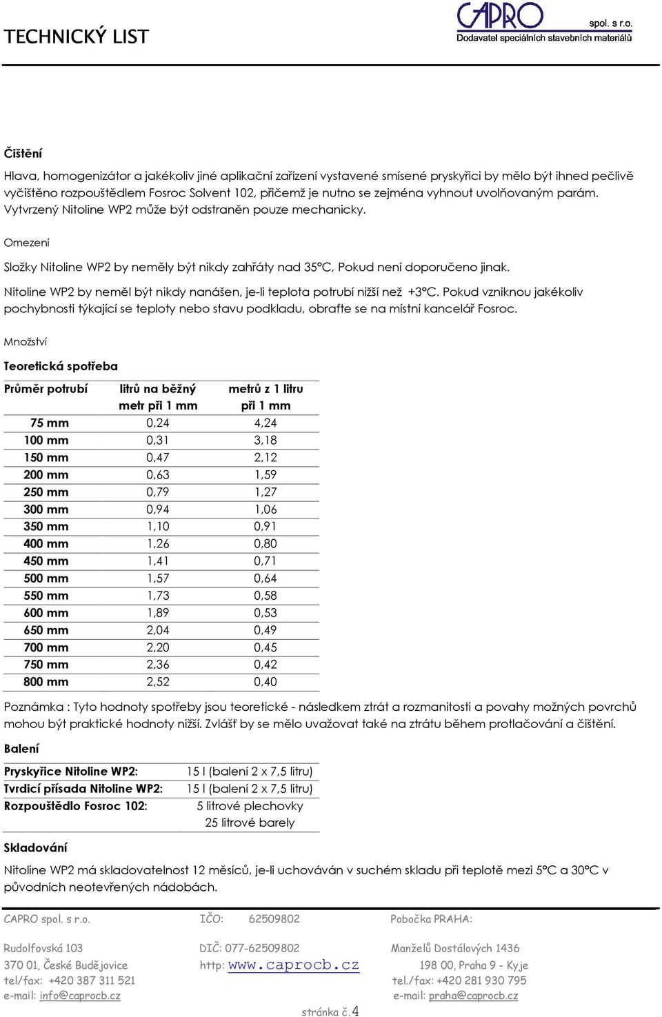 Nitoline WP2 by neměl být nikdy nanášen, je-li teplota potrubí nižší než +3 C. Pokud vzniknou jakékoliv pochybnosti týkající se teploty nebo stavu podkladu, obraťte se na místní kancelář Fosroc.