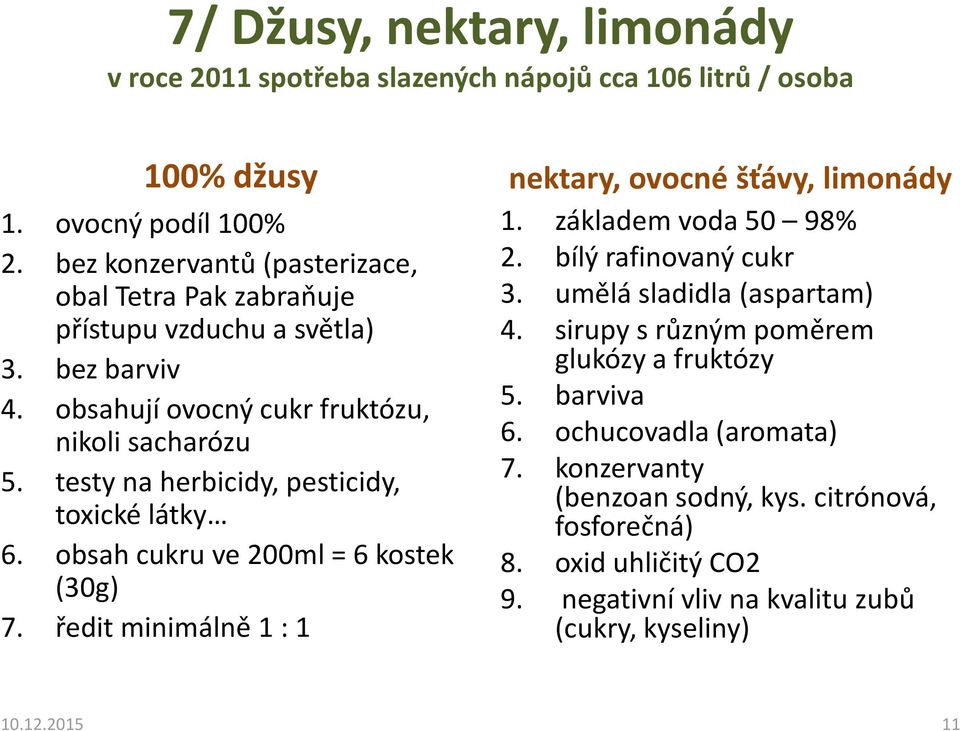 testy na herbicidy, pesticidy, toxické látky 6. obsah cukru ve 200ml = 6 kostek (30g) 7. ředit minimálně 1 : 1 nektary, ovocné šťávy, limonády 1. základem voda 50 98% 2.