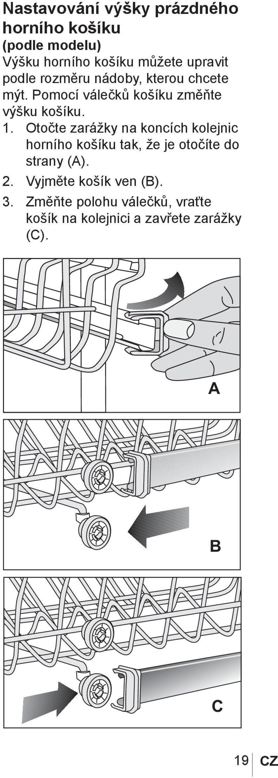 Otočte zarážky na koncích kolejnic horního košíku tak, že je otočíte do strany (A). 2.
