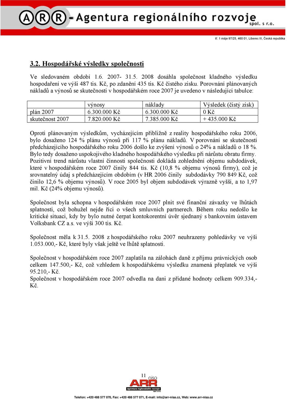 820.000 Kč 7.385.000 Kč + 435.000 Kč Oproti plánovaným výsledkům, vycházejícím přibližně z reality hospodářského roku 2006, bylo dosaženo 124 % plánu výnosů při 117 % plánu nákladů.