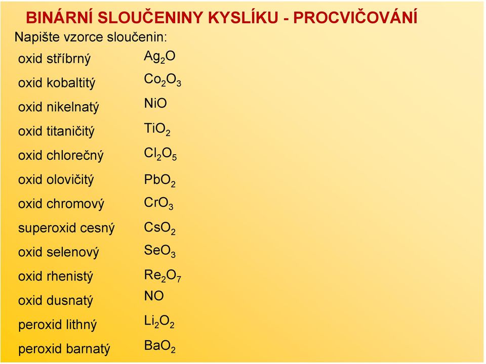 chromový superoxid cesný oxid selenový oxid rhenistý oxid dusnatý peroxid lithný