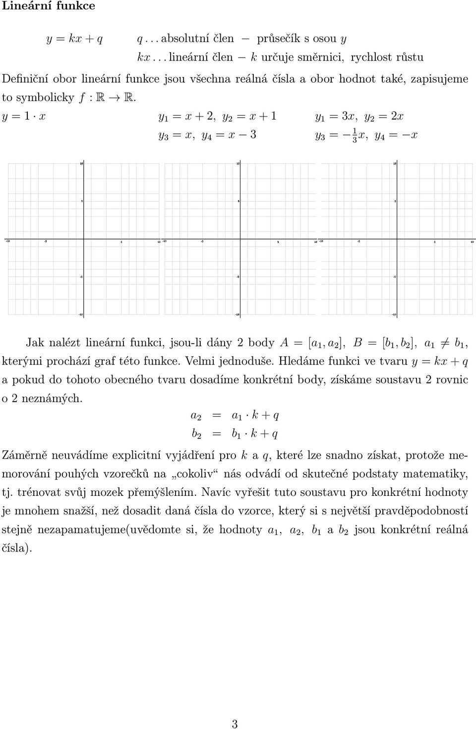 y 1 x y 1 x +, y x + 1 y 3 x, y 4 x 3 y 1 3x, y x y 3 1x, y 3 4 x Jak nalézt lineární funkci, jsou-li dány body A [a 1, a ], B [b 1, b ], a 1 b 1, kterými prochází graf této funkce. Velmi jednoduše.