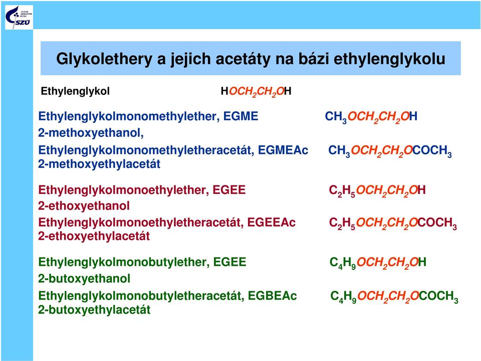 C 2 H 5 OCH 2 CH 2 OH 2-ethoxyethanol Ethylenglykolmonoethyletheracetát, EGEEAc C 2 H 5 OCH 2 CH 2 OCOCH 3 2-ethoxyethylacetát