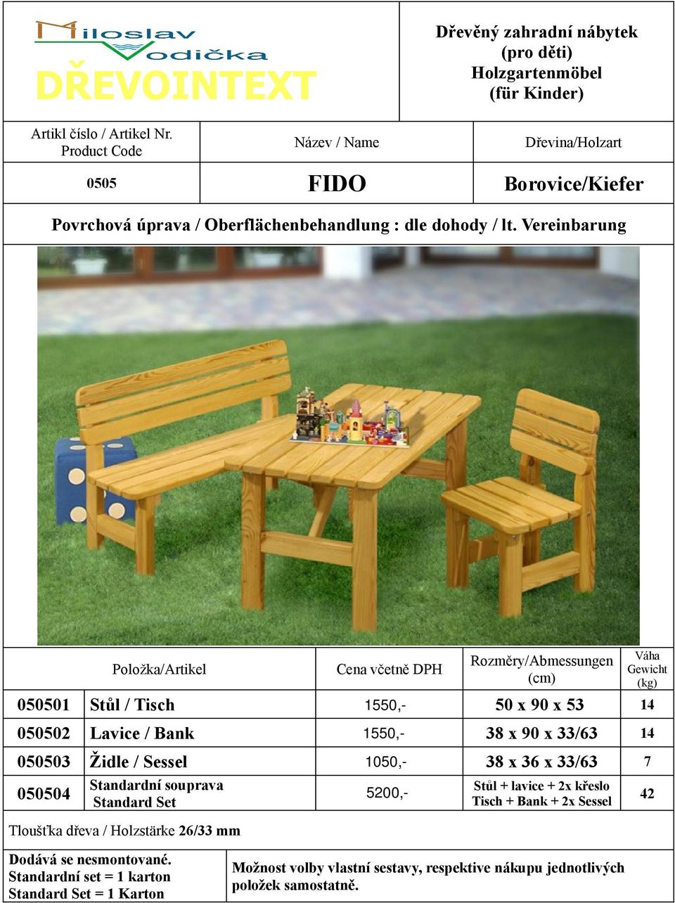 Standardní set = 1 karton Standard Set = 1 Karton 050501 Stůl / Tisch 1550,- 50 x 90 x 53 14 050502 Lavice / Bank 1550,- 38 x 90 x