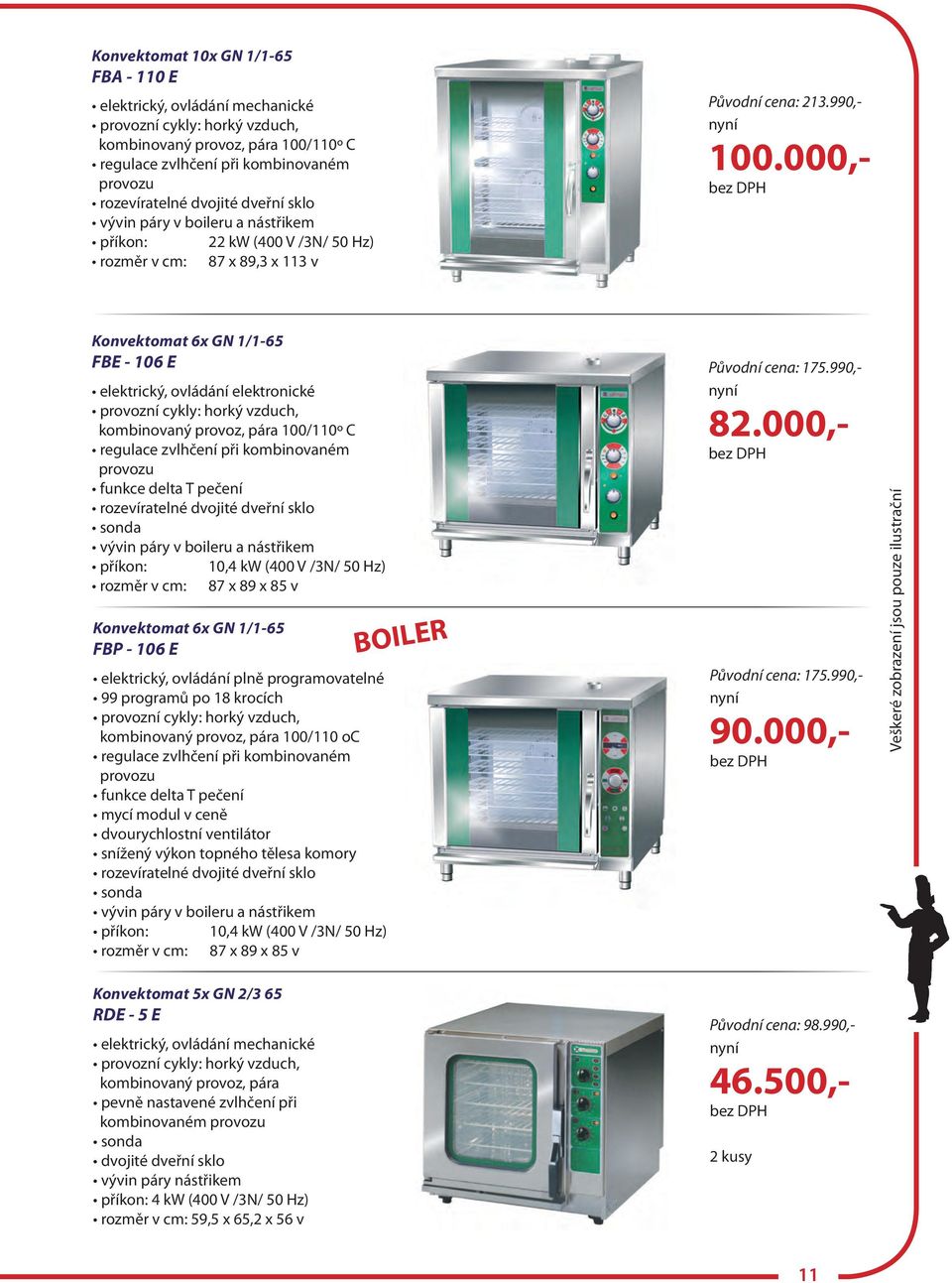 000,- Konvektomat 6x GN 1/1-65 FBE - 106 E elektrický, ovládání elektronické provozní cykly: horký vzduch, kombinovaný provoz, pára 100/110o C regulace zvlhčení při kombinovaném provozu funkce delta