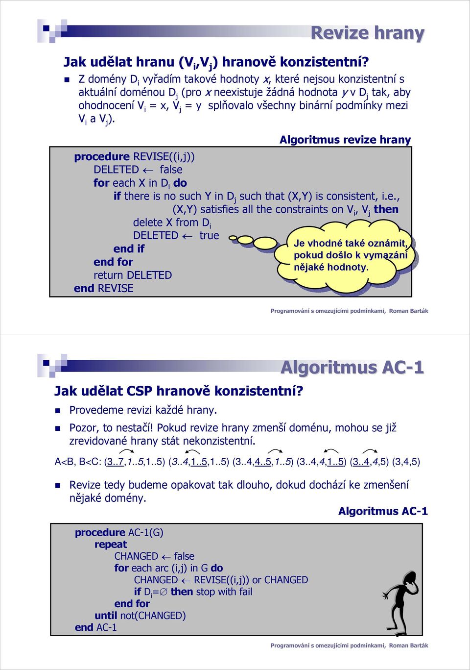 mezi V i a V j ). Algoritmus revize hrany procedure REVISE((i,j)) DELETED false for each X in D i do if there is no such Y in D j such that (X,Y) is consistent, i.e., (X,Y) satisfies all the constraints on V i, V j then delete X from D i DELETED true Je end if Je vhodné také takéoznámit, pokud pokud došlo došlo k vymazání nějaké nějakéhodnoty.