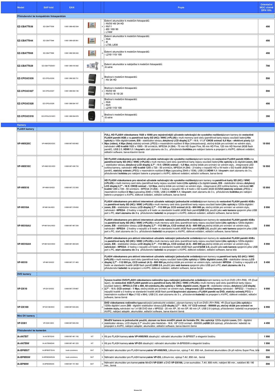 110/ 100 490 Externí akumulátor a nabíječka k modelům fotoaparátů: EZ-CBTT029 EZ-CBTT029/E1 8 801 089 416 582 - série 790 Brašna k modelům fotoaparátů: EZ-CPOUC030 EZ-CPOUC030 8 801 089 500 731 - NV