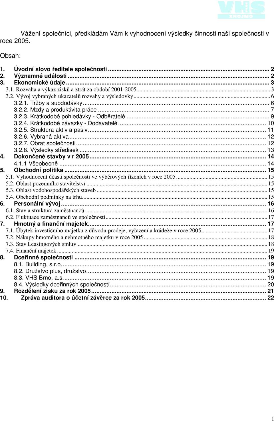 Krátkodobé závazky - Dodavatelé... 10 3.2.5. Struktura aktiv a pasiv... 11 3.2.6. Vybraná aktiva... 12 3.2.7. Obrat společnosti... 12 3.2.8. Výsledky středisek... 13 4. Dokončené stavby v r 2005.