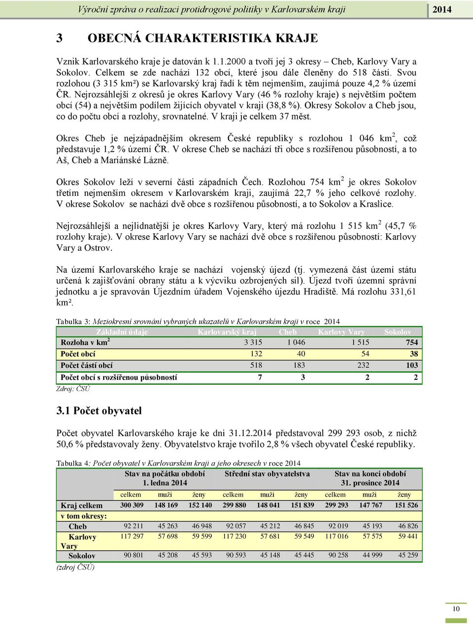 Nejrozsáhlejší z okresů je okres Karlovy Vary (46 % rozlohy kraje) s největším počtem obcí (54) a největším podílem žijících obyvatel v kraji (38,8 %).